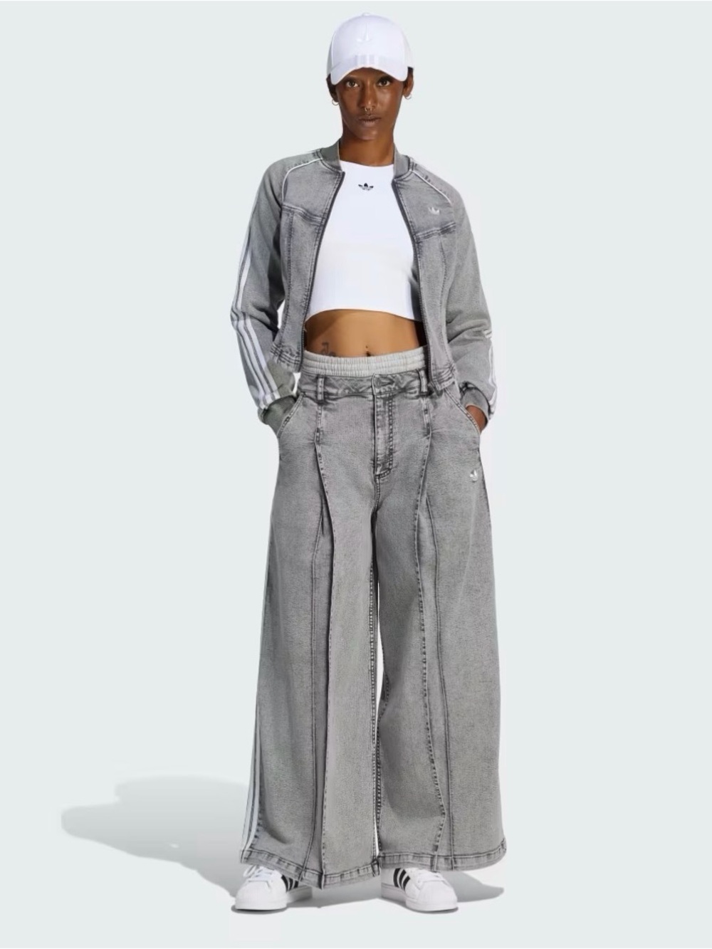 adidas Washed Grey Wide-Leg Flare Jeans with White Side Stripes - Picture 3 of 7